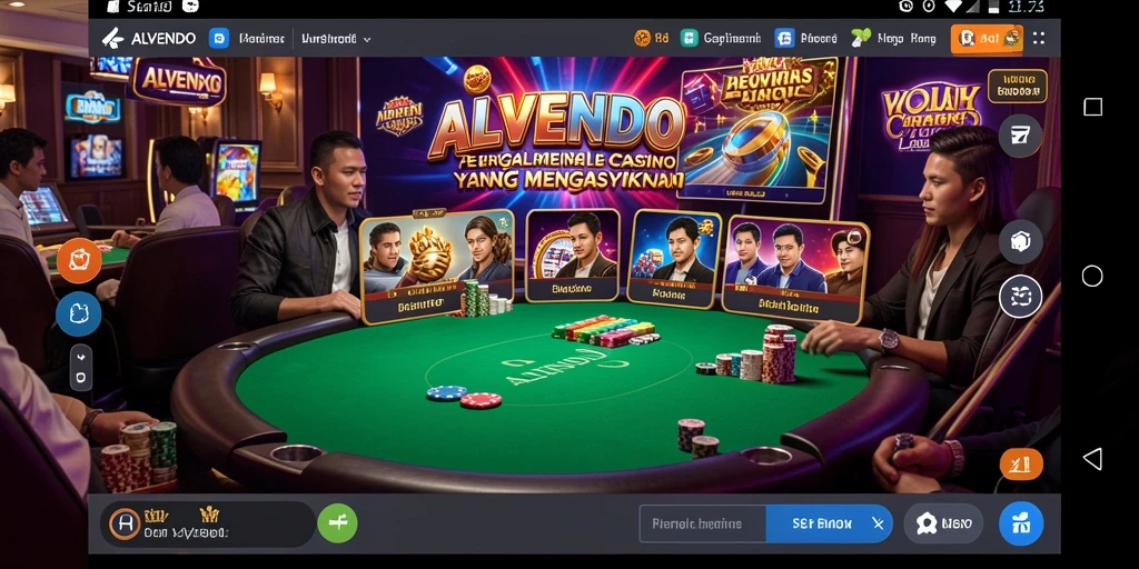 Screenshot gameplay ALVENDO menampilkan dealer langsung dan suasana kasino yang menegangkan.