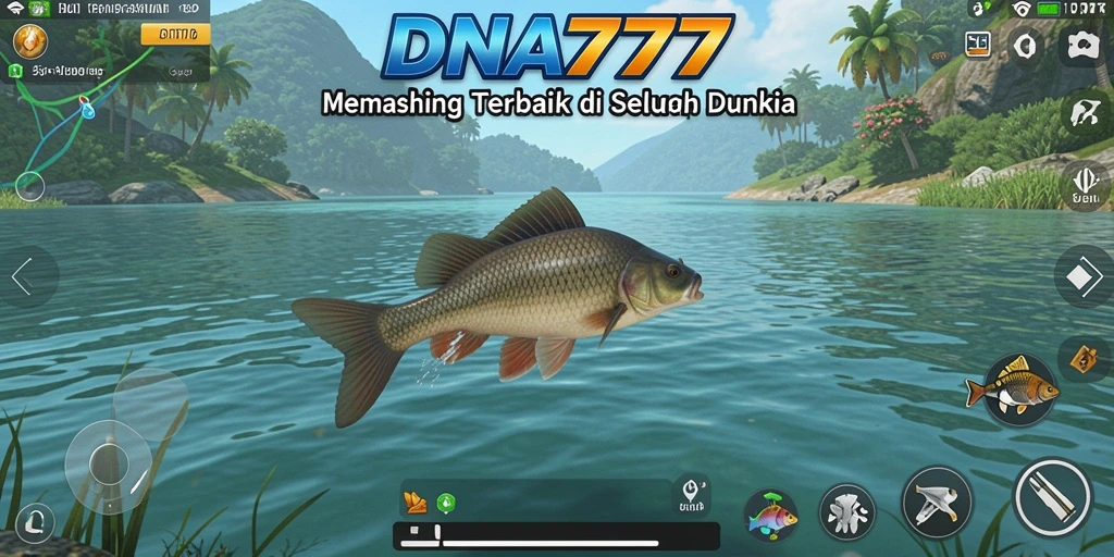 Tampilan gameplay DNA777 dengan suasana memancing yang realistis.