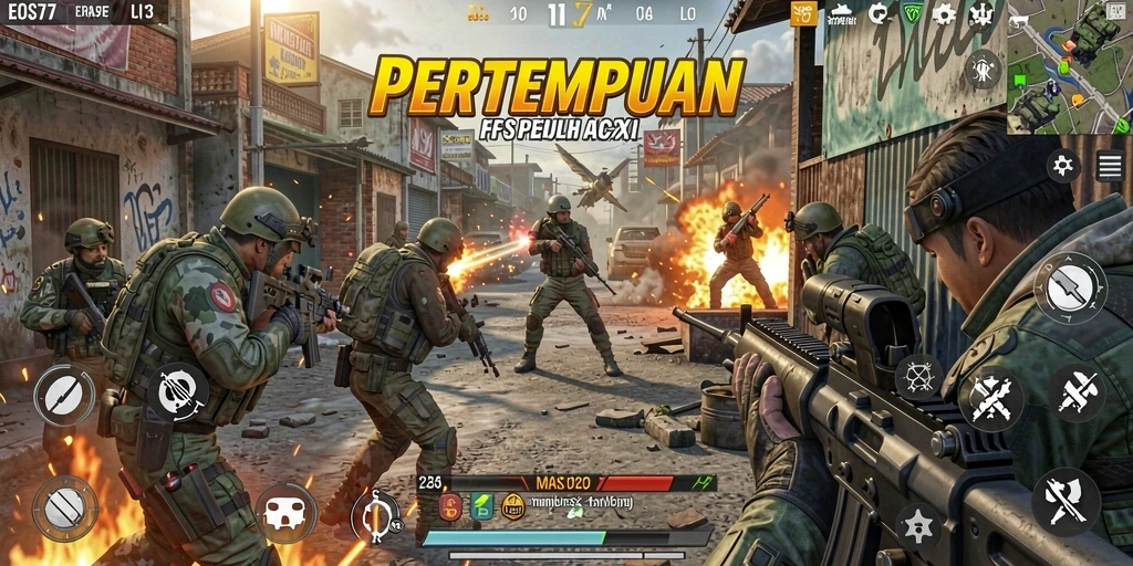 Screenshot EOS77 menampilkan aksi pertempuran FPS yang mendebarkan.