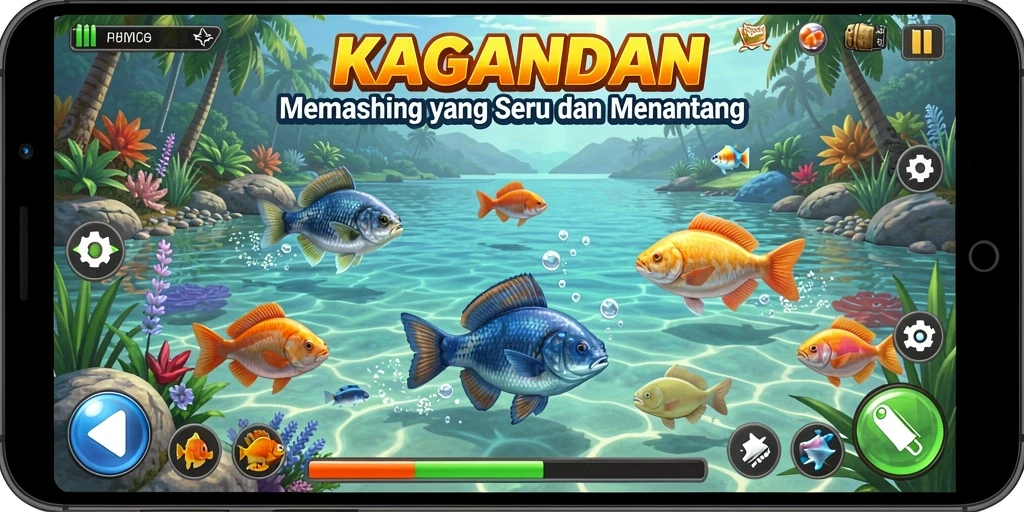 Tampilan utama gameplay KAGANDAN yang menarik saat memancing di alam.
