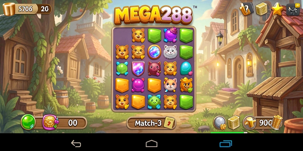 Tampilan gameplay seru dalam MEGA288 dengan level Match-3 yang menantang.