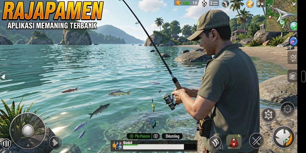 Gameplay seru RAJAPAMEN menampilkan aksi memancing yang mendebarkan.